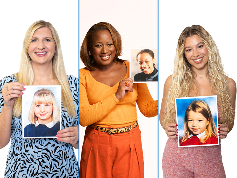 Becky Adlington, Charlene White and Molly Rainford holding their school photos.