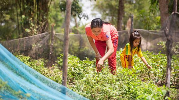 Chana and her mum, Lem La, take care of their garden at home in Cambodia. The family's livelihood has been put at risk because of the drought.