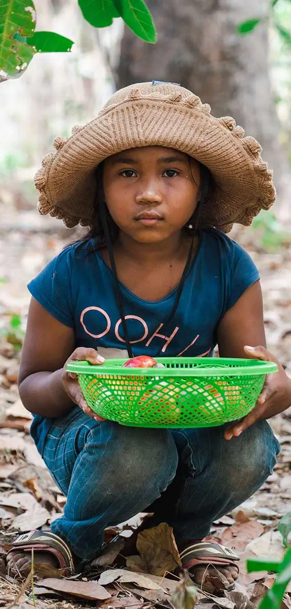 A child holding a basket of apples