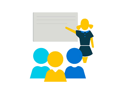 A graphic representing a teacher teaching a class of pupils