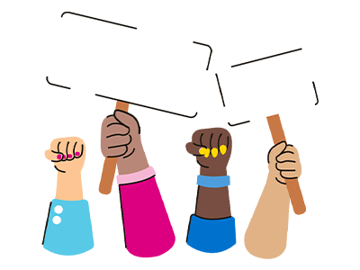 Illustration of 4 arms with different skin tones raised in air. 2 arms have clenched fists and the other 2 are holding placards