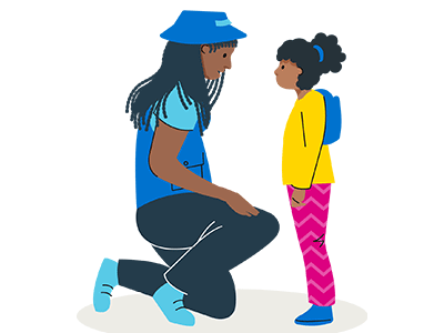 Illustration of adult crouched down talking to girl who is stood up